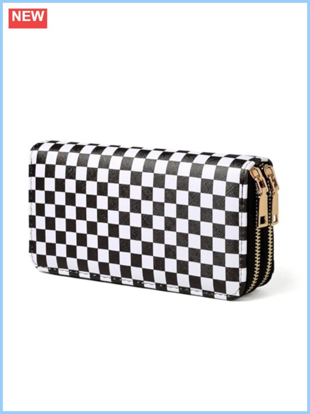 PU Leather Checkered Wallets for Women Double Zipper Large Capacity